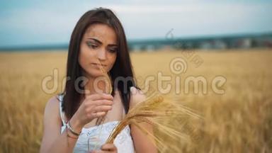 穿着国家白色衬衫的女人手里拿着金色田野背景上成熟的麦穗。 收获