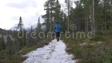 旅行者沿着山涧走一条森林小径. 他探索新的路线。 主动出行，健康生活..