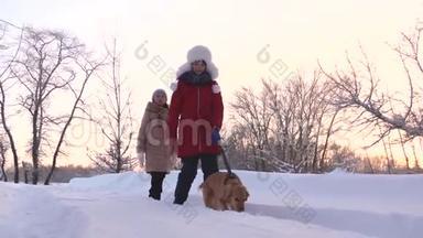 孩子们和狗狗在冬天的公园里沿着小路散步。 两个女孩在森林里冬天在雪地里和狗玩。