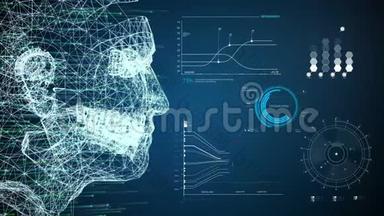 未来学网格人类人工智能和VR脸与数据库HUD扫描信息的蓝色背景。 虚拟现实技术