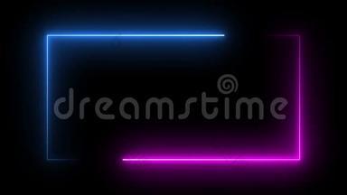 方形矩形画框与两个色调霓虹灯彩色运动图形上的孤立黑色背景。 蓝色和粉红色的光在移动
