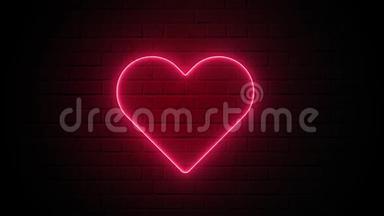 红色心形霓虹灯在黑暗的墙壁背面。 抽象和装饰概念.. 情人节快乐元素。 符号和符号