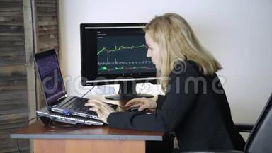在证券交易所工作。 女商人正在观察货币兑换图表的变化