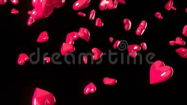 黑色背景下坠落的粉红色心脏物体。 可爱的心形抽象。