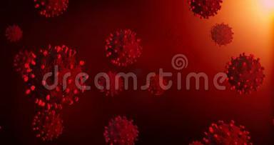 在抽象的暗红色背景下真实三维动画渲染2019-nCOVID-19冠状病毒细胞，概念