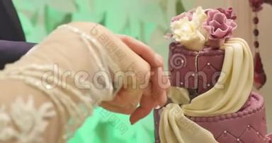 新婚夫妇切结婚蛋糕的细节。 婚礼蛋糕