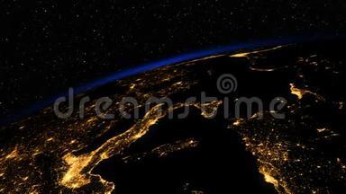 太空中的日出。 令人惊叹的<strong>欧洲</strong>地球区<strong>夜景</strong>。