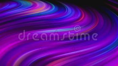 抽象的波浪状霓虹灯条纹。 彩线的流动在波浪中移动。 紫色<strong>能量粒子</strong>缓慢运动