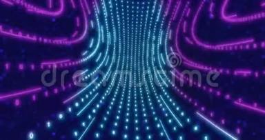 霓虹灯圈背景与数据隧道。 荧光紫外线灯循环动画4k。 虚拟现实未来