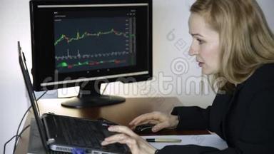 在证券交易所工作。 女商人正在观察货币<strong>兑换</strong>图表的变化
