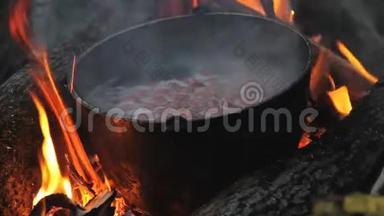 火焰围绕着锅.. 晚上在火上做饭。 站在火上<strong>煮汤</strong>的锅里。 特写