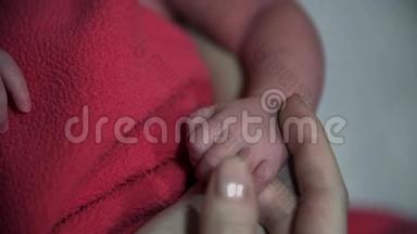 婴儿躺在母亲的膝盖上，同时握住她的手指