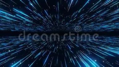 抽象超空间背景。 速度光，霓虹灯发光射线和恒星在运动与空间的标志或文本。 蓝色版本。 M.