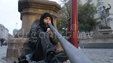 一位街头音乐家，演奏Didgeridoo，一种由澳大利亚北部土著澳大利亚人开发的风琴。