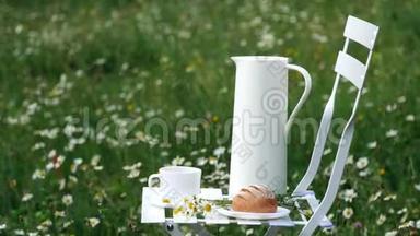 在洋甘菊的草坪中矗立着一把白色的椅子。 上面有一个白色的罐子，一个带茶的白色杯子，一个