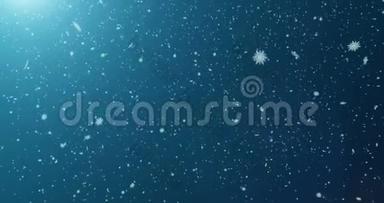 在明亮的蓝色背景上飘落的雪花和波克粒子。 摘要新年背景。 雪花动画