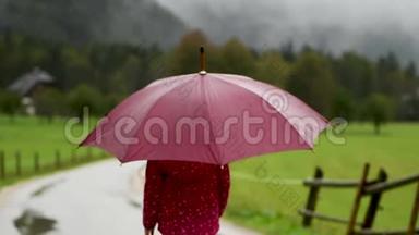 小女孩在乡间小路上雨中散步