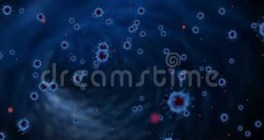3D绘制动画，蓝<strong>色</strong>冠状病毒<strong>细胞</strong>covid-19流感在抽象的蓝<strong>色</strong>背景上流动，红<strong>色细胞</strong>是危险的。