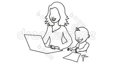 在家工作的妇女在网上赚钱和照顾<strong>孩子</strong>线<strong>绘图</strong>动画透明背景矢量运动图形