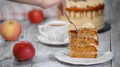 一片焦糖苹果蛋糕与香料，肉桂，奶油焦糖在<strong>秋季风格</strong>。