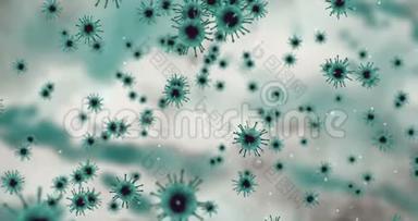 3D绘制动画，浅绿色冠状病毒细胞covid-19流感在抽象的绿色背景上流动，白色细胞为白色细胞。