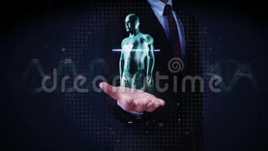 商人打开手掌，缩放旋转身体和扫描心。 人体心血管系统，蓝色X光..