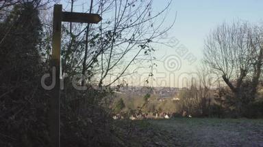 伦敦附近的英国乡村。 早春山榉木.. 复制空间背景。 带指针的郊区视图