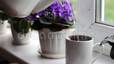 一个老式的老茶壶在窗台上的杯子里倒着开水，背景是美丽的、开花的紫罗兰