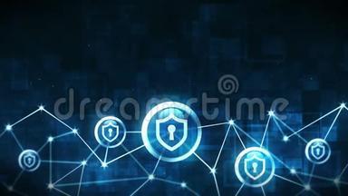 盾牌安全与安全锁图标。 互联网连接。 防火墙，密码，保护。 隐私标志浮动。 多边形空间w