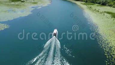 摩托艇漂浮在由睡莲构成的Crnojevica河上