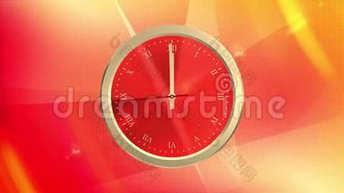 动画黄金时钟在抽象的红色橙色数字三维背景。 最后20秒到12点`。