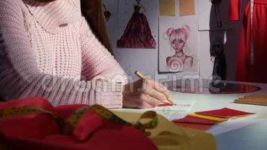 手设计师画一幅连衣裙的草图，在布桌上，用于裁剪。 关门