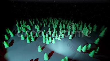 三维渲染背景夜针叶林的卡通风格，如玩具。 夜晚的许多圣诞树