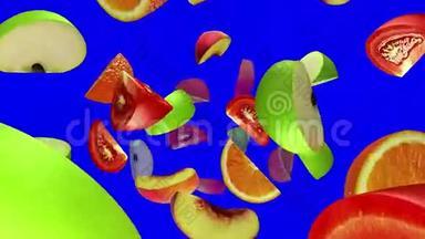 从顶部落下的水果片在蓝色的屏幕上，无缝的循环，CG