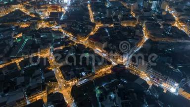 夜晚在曼谷市区鸟瞰<strong>交通道路</strong>，泰国时光流逝之巅道路。