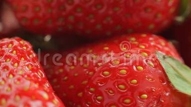 大甜红草莓宏观视频.. 草莓上的水滴。