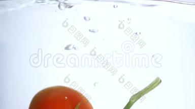 新鲜西红柿和辣椒落入清水中的特写镜头，白色背景上有大的水花。健康饮食