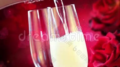 将香槟倒入带有金色气泡的凹槽中，闪烁着抽象的闪光颗粒流动，红色的心形背景