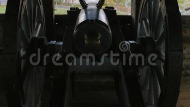尼亚加拉堡的一门旧大炮的剪影。 背面