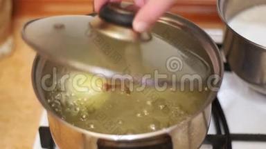 <strong>烧水</strong>壶中的洋葱是在家庭炉灶上准备的。 慢动作