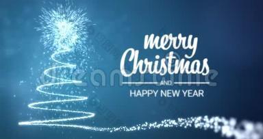 闪烁的灯光圣诞树<strong>圣诞快乐圣诞快乐</strong>新年祝福语，蓝色背景，雪花