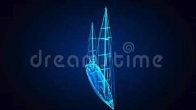 船，游船，快艇，船只.. 船的发光点和线形成。 4k动画。 带帆的船架