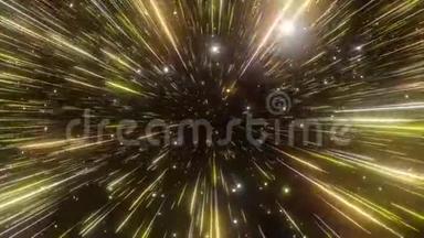 抽象超空间背景。 光的速度，霓虹发光的光线和恒星的运动。 黄色版本。 穿过星星。