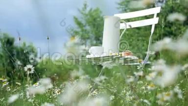 在洋甘菊的草坪上，蓝天映衬着<strong>一把</strong>白色的<strong>椅子</strong>。上面有一个白色的罐子，一个白色的杯子