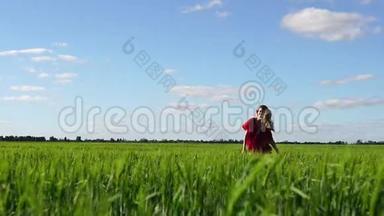快乐的女人享受大自然美丽的金发女郎在田野上<strong>奔跑</strong>。 <strong>自由</strong>概念。