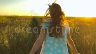 美丽的女孩在日落的天空上奔跑在绿色的麦田上。 自由概念。 日落时的麦田。