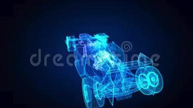 发光蓝线形成一级方程式三维模型。 三维虚拟空间中的运动动画。 4kUHD3840x2160