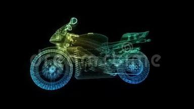 摩托车。 在模型摩托车形成过程中排列的发光微粒和线条。 运动动画4kUHD