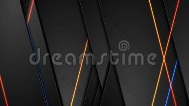 黑色技术抽象视频动画，蓝色和橙色霓虹灯激光线