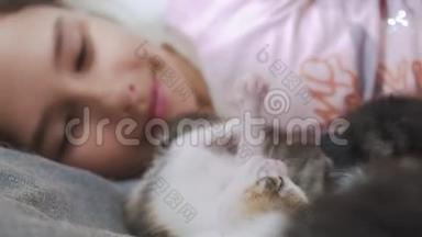 女孩和两只可爱的小猫的概念-快乐的小女孩和猫在床上在家里。 女学生、婴儿和猫对生活方式的热爱